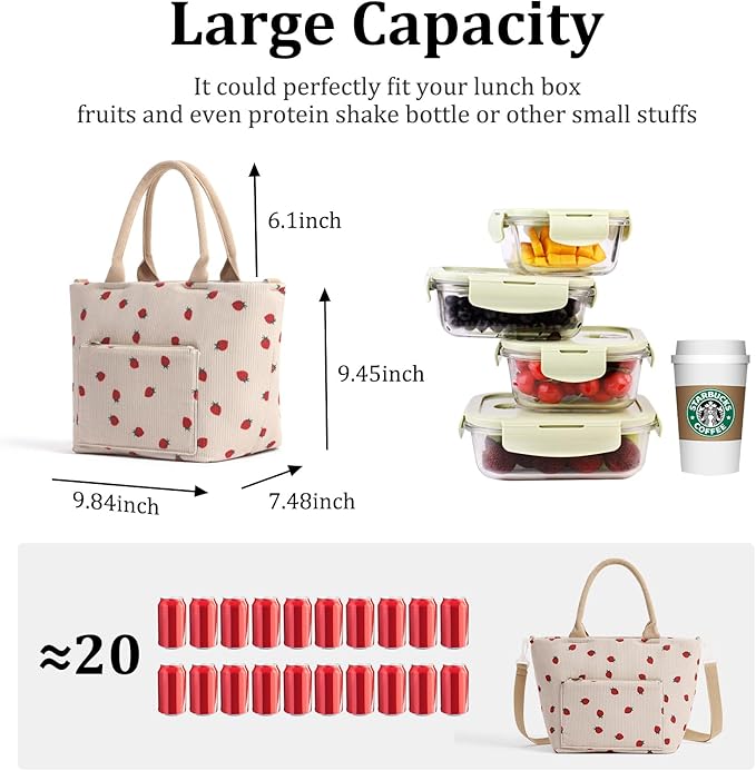 Lunch Bag for Women Adult Large Insulated Lunch Box Girl Cute Corduroy Lunch Tote Bags Reusable Leakproof Cooler Work Picnic