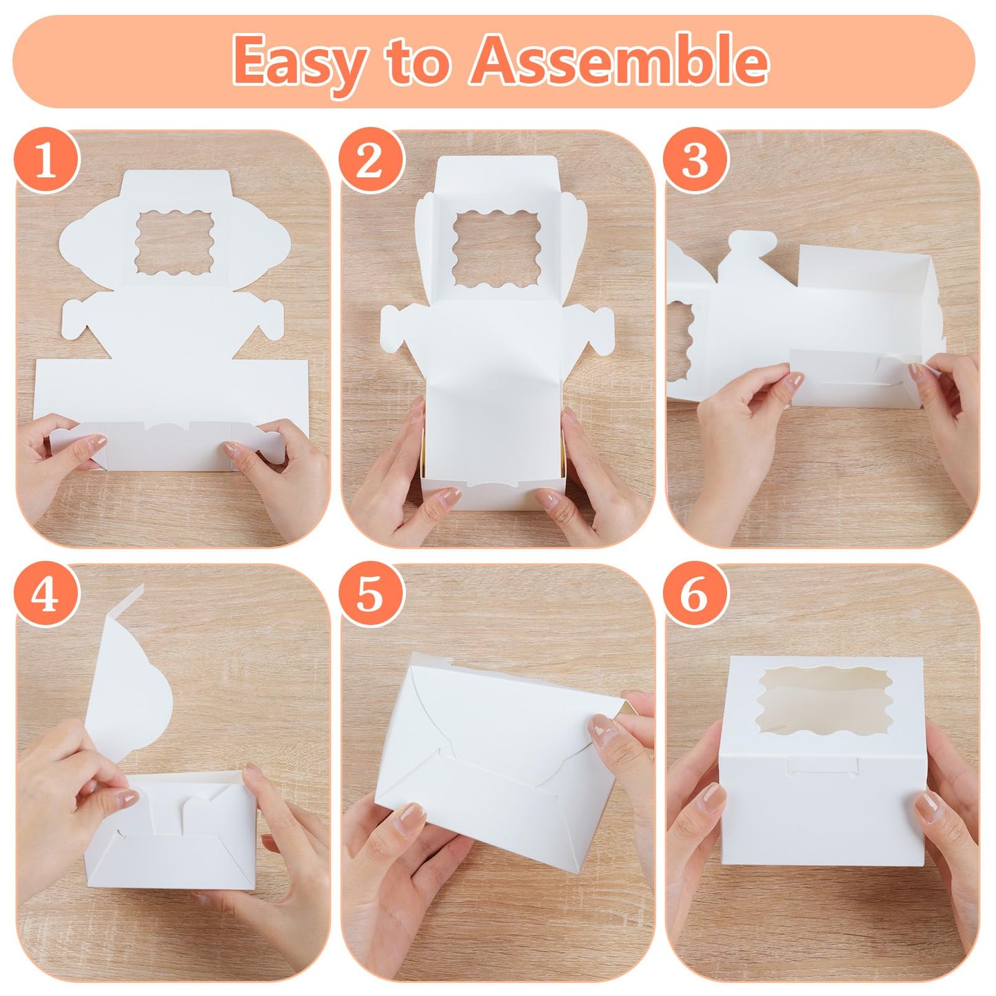 ZYFOTZUN 12 Pcs Cookie Boxes with Window, 6x6x3 Inches White Bakery Boxes, Treat Boxes with 50 Pcs Cookie Bags and 12 Pcs Stickers, for Dessert Pastry Chocolate Strawberries Macarons Donut Cupcake