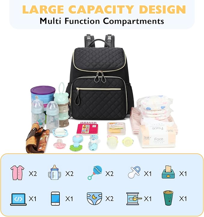 Large Capacity Diaper Bag Backpack with Stroller Buckle, Water-Resistant Travel Baby Bag with Insulated Pockets (Classic, Black-gold)