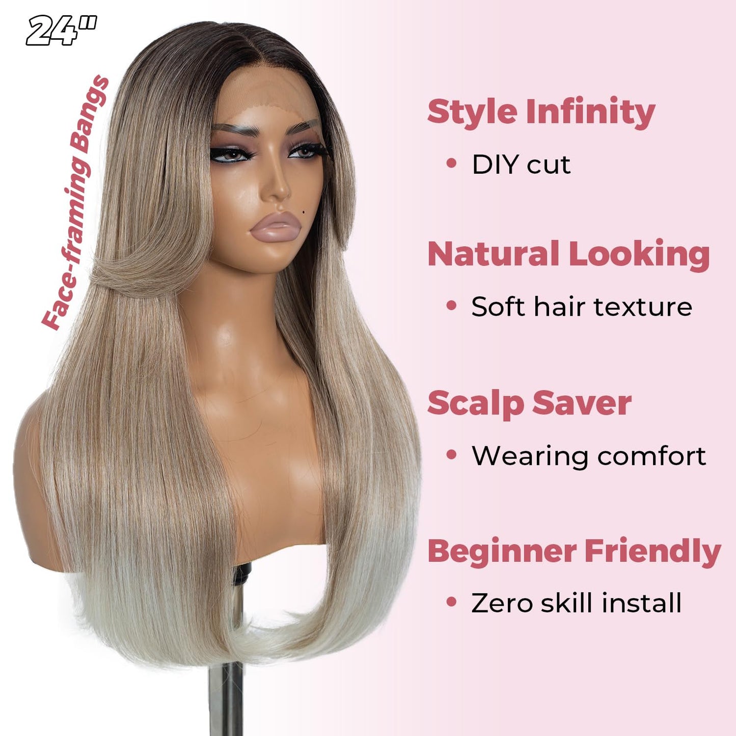 Style Icon 24 Synthetic Lace Front Wigs HD Lace Middle Part Wigs Long Straight Wigs for Women Pre Plucked Wigs with Bangs of Doo