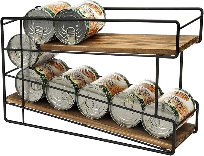 MyGift 2 Tier Rustic Solid Burnt Wood Front Loading Can Dispenser Rack with Black Metal Wire Frame for Canned Food, Soda Pop, Pantry Storage Organizer Rack