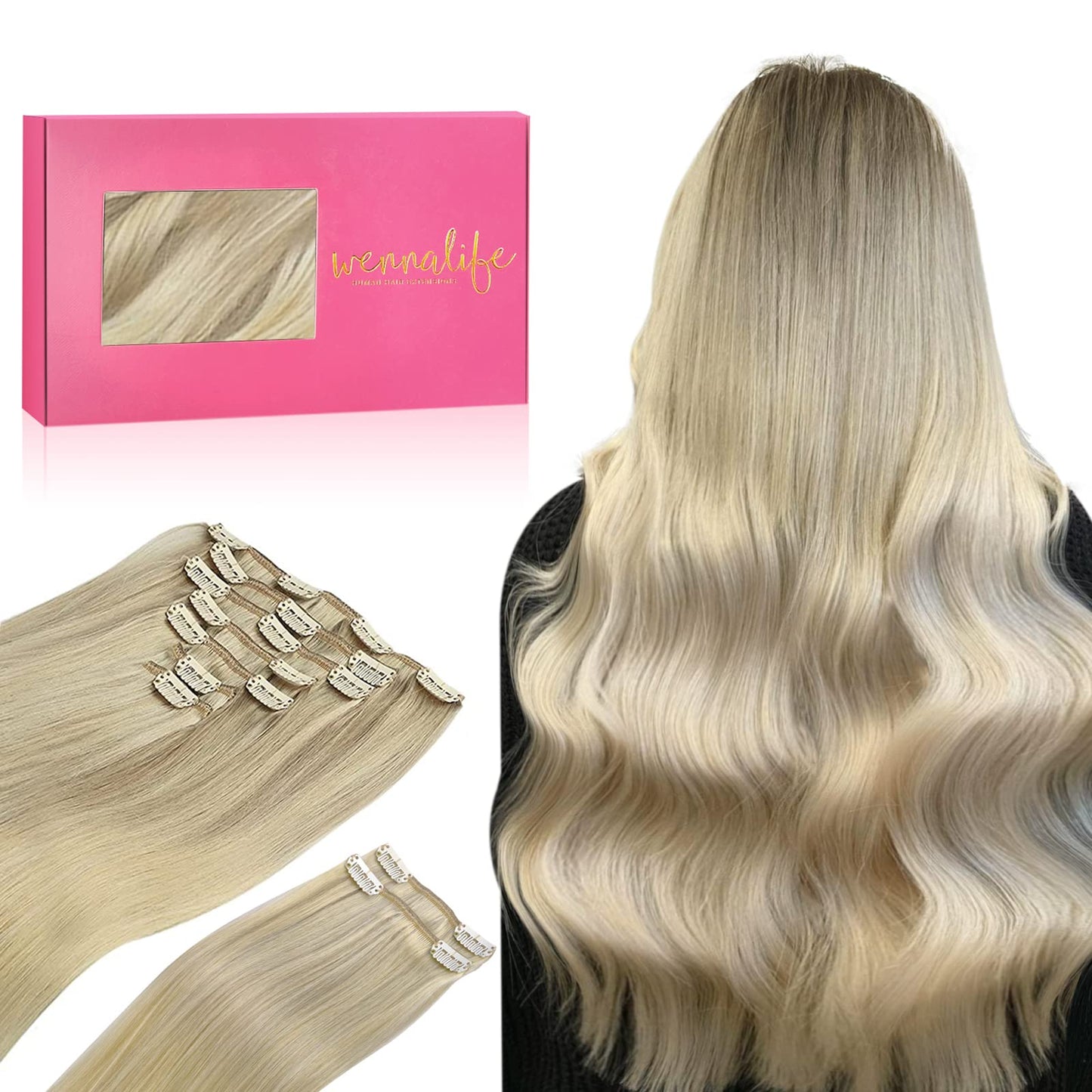 WENNALIFE Clip in Hair Extensions, 150g 22 Inch 9pcs Ash Blonde to Golden Blonde and Platinum Blonde Human Hair Extensions Thick