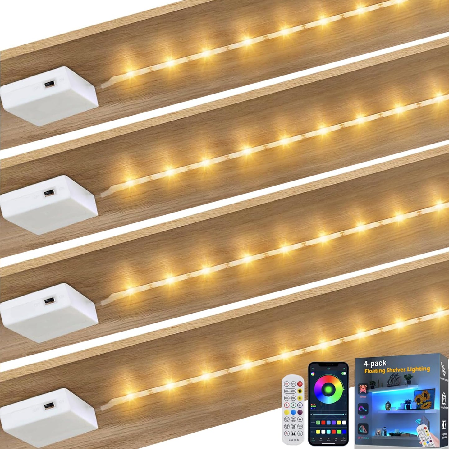 EJs SUPER CAR Battery Powered LED Strip Lights, 20 inch x 4 Pack, RGB APP, Wireless, Plastic, Model 0206052