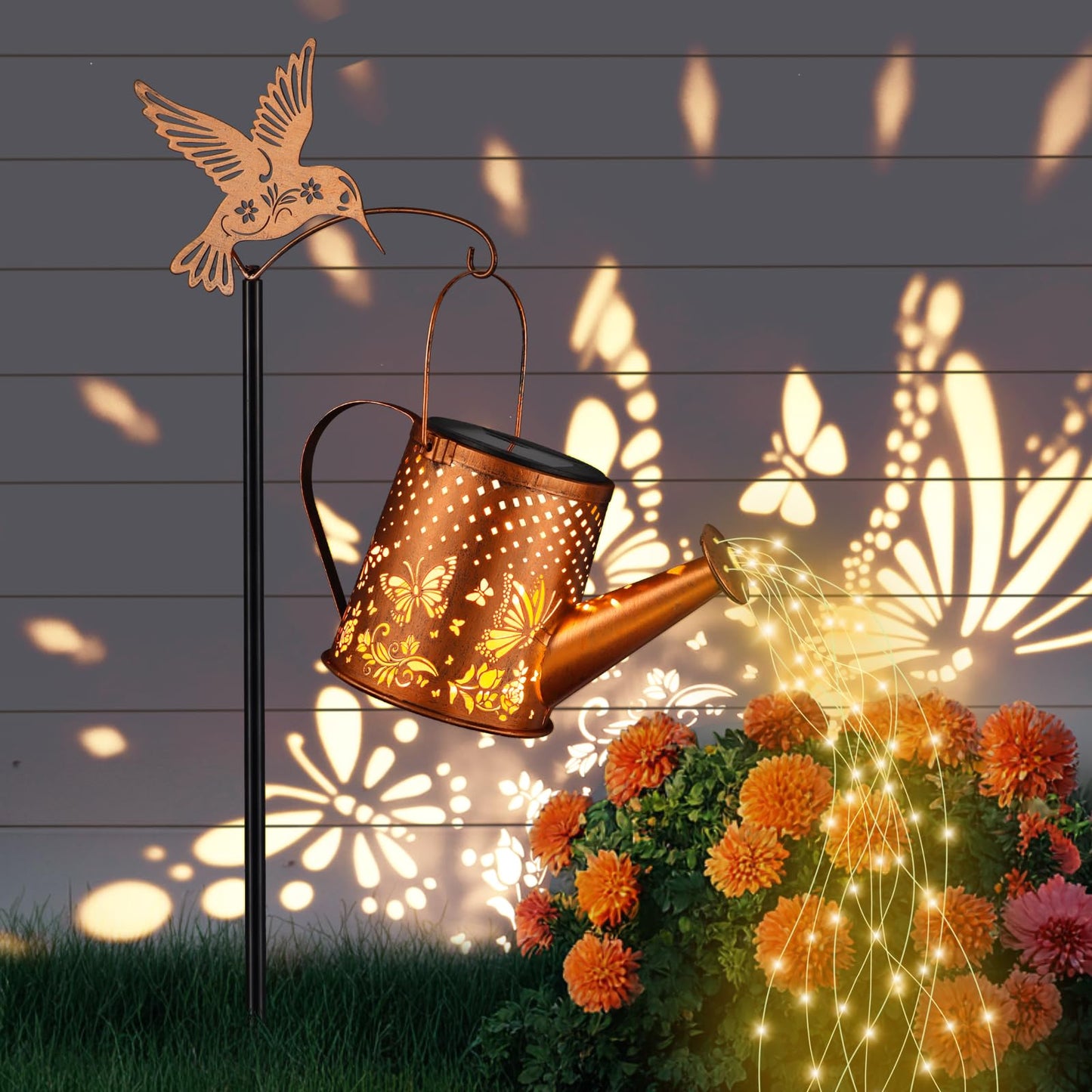 Outdoor Hanging Solar Lantern Waterproof Set Outside Metal Openwork Butterfly Watering Can Landscape Lights For Garden Yard Patio Pathway Decor Birthday Gifts For Women Mom Grandma -With Floor Pole