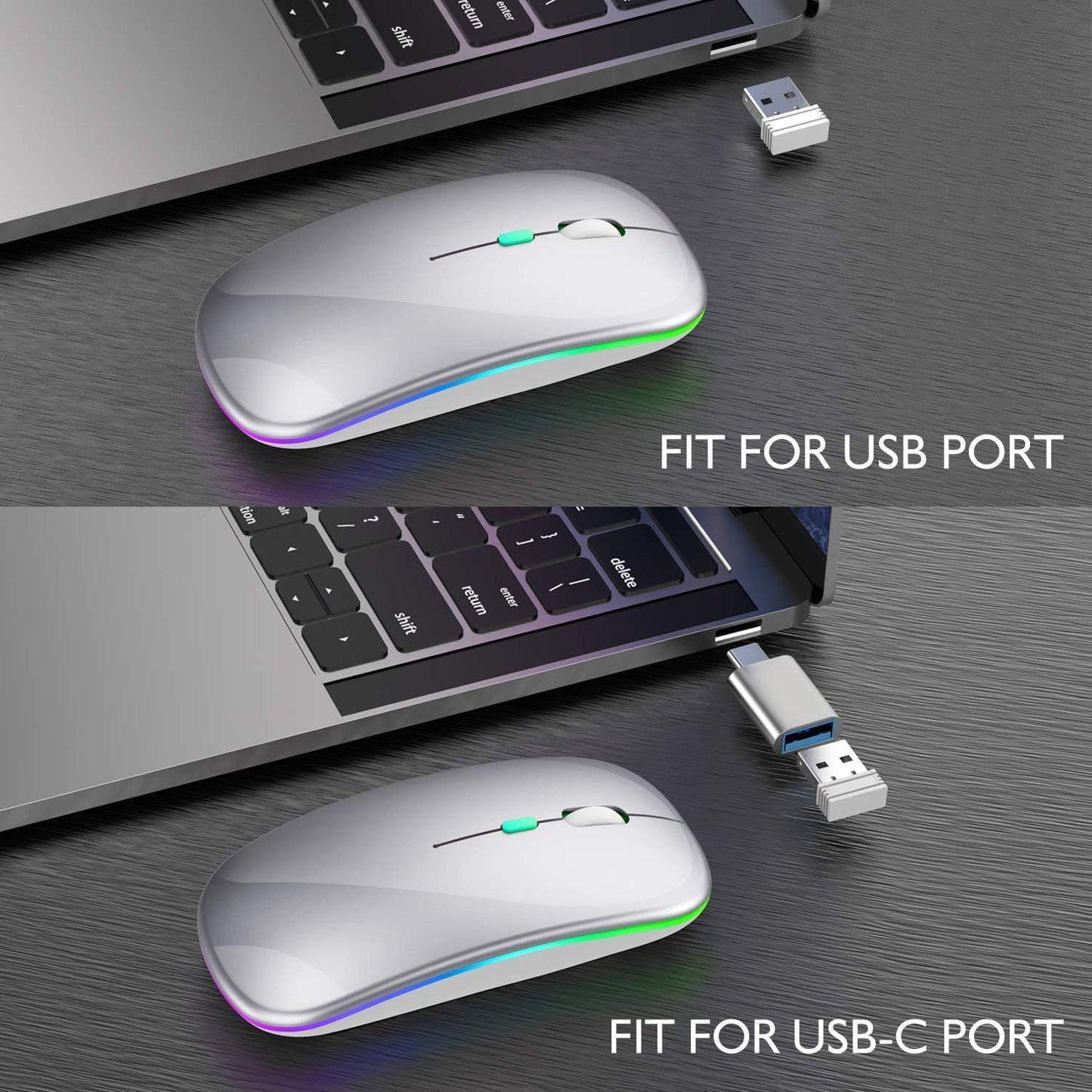 Qullqian Wireless Bluetooth Mouse for MacBook Air/Mac/Pro/Laptop/Computer/PC,Rechargeable Dual Mode Switch Mouse Bluetooth 5.2 & BT3.0 + 2.4GHz USB-A & 2.4GHz USB Type-C (Silver)