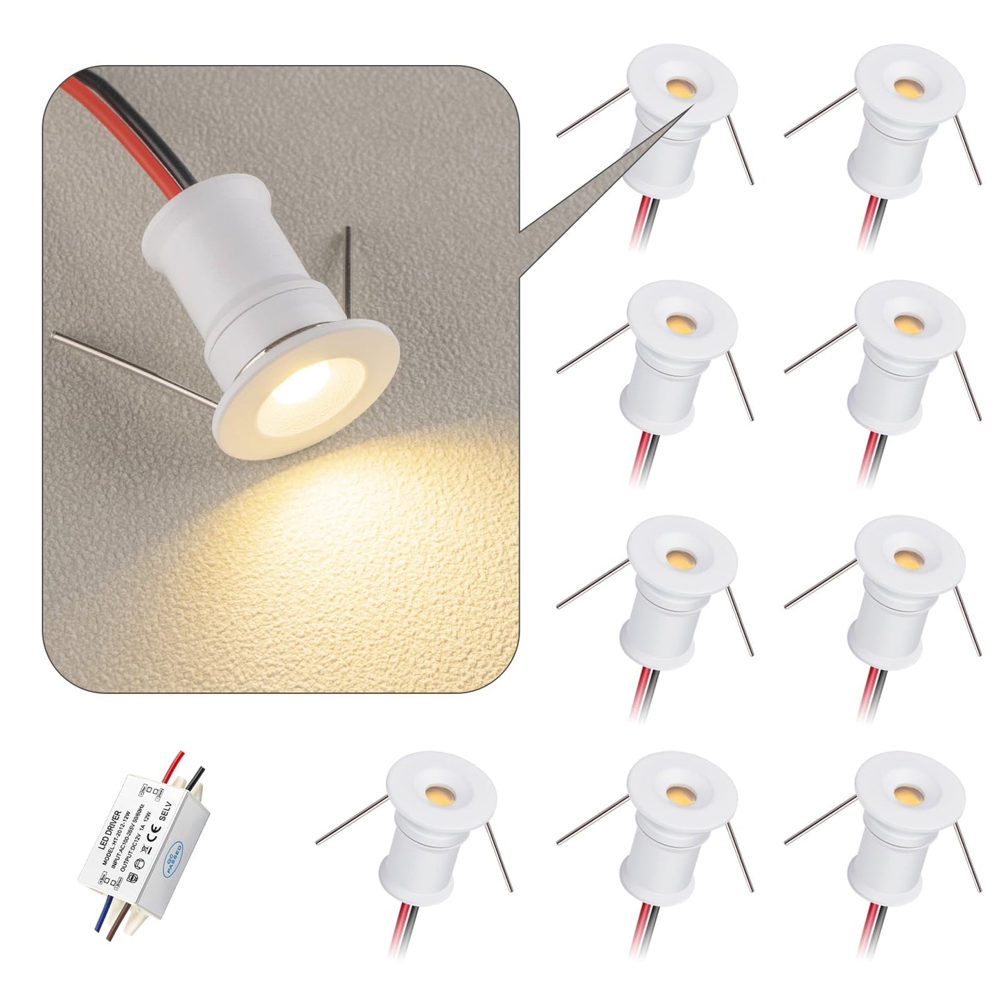 Hhtun 902 Led Mini Spotlight Dc12V 1W Suitable For Bookcases Cabinets And Various Display Cabinets As Decorative Lights Embedded Installation Soft Lighting With Power Supply (3000K White 9Pack)