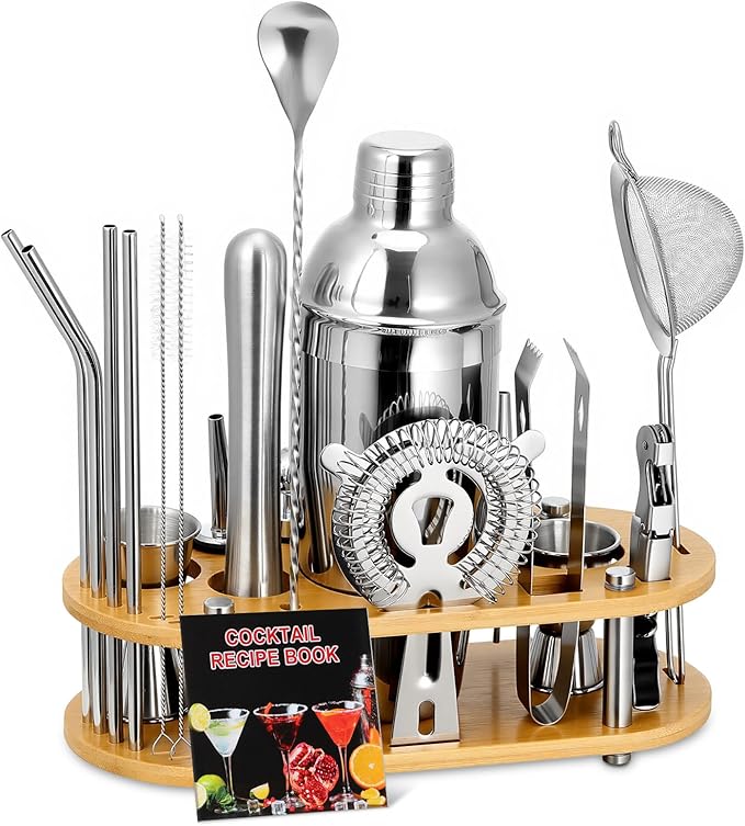 Roylvan Bartender Kit, 23 Piece Professional Cocktail Shaker Set with Stand Shaker Spoon Jiggers Cocksrew, All Essential B...