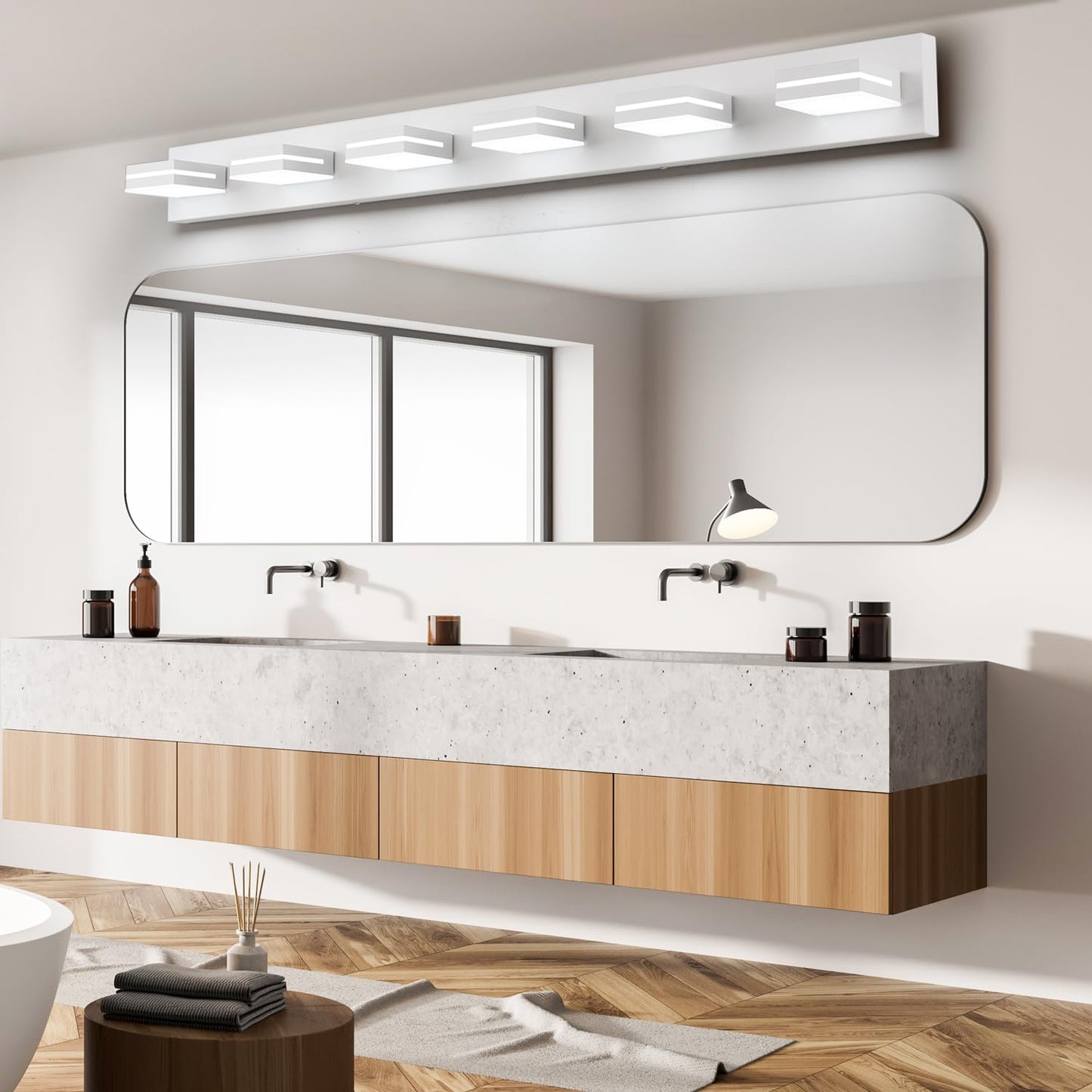 Sinerise Led Modern Bathroom Vanity Light Fixtures (6-Light  48-Inch)  Matte White Modern Acrylic Bathroom Wall Lighting Fixtures Over Mirror (Cool White 6000K)