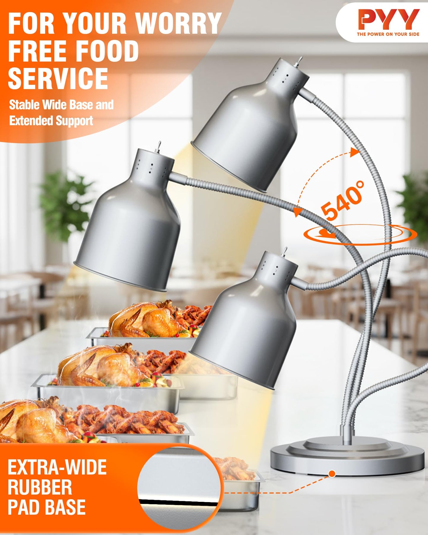 PYY Food Heat Lamp - 750W Steady Heating Commercial Food Warmer Lamp, 3 Bulbs Included, Heavy Base for Stability & Stainless Steel Build, 17.3 lbs Ideal for Catering, Restaurant, Buffet, (3-Head)