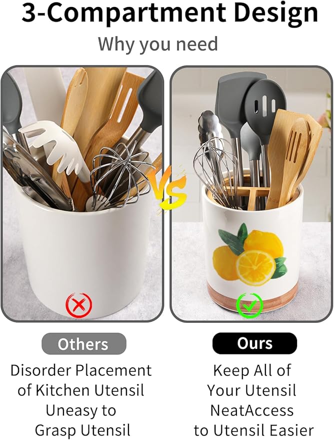 HAPPY KIT 7.6″ Extra Large Kitchen Utensil Holder 360° Rotating Utensil Holder for Kitchen Counter with 3 Removable Compartment, Housewarming Gift & Farmhouse Decor (Lemon)
