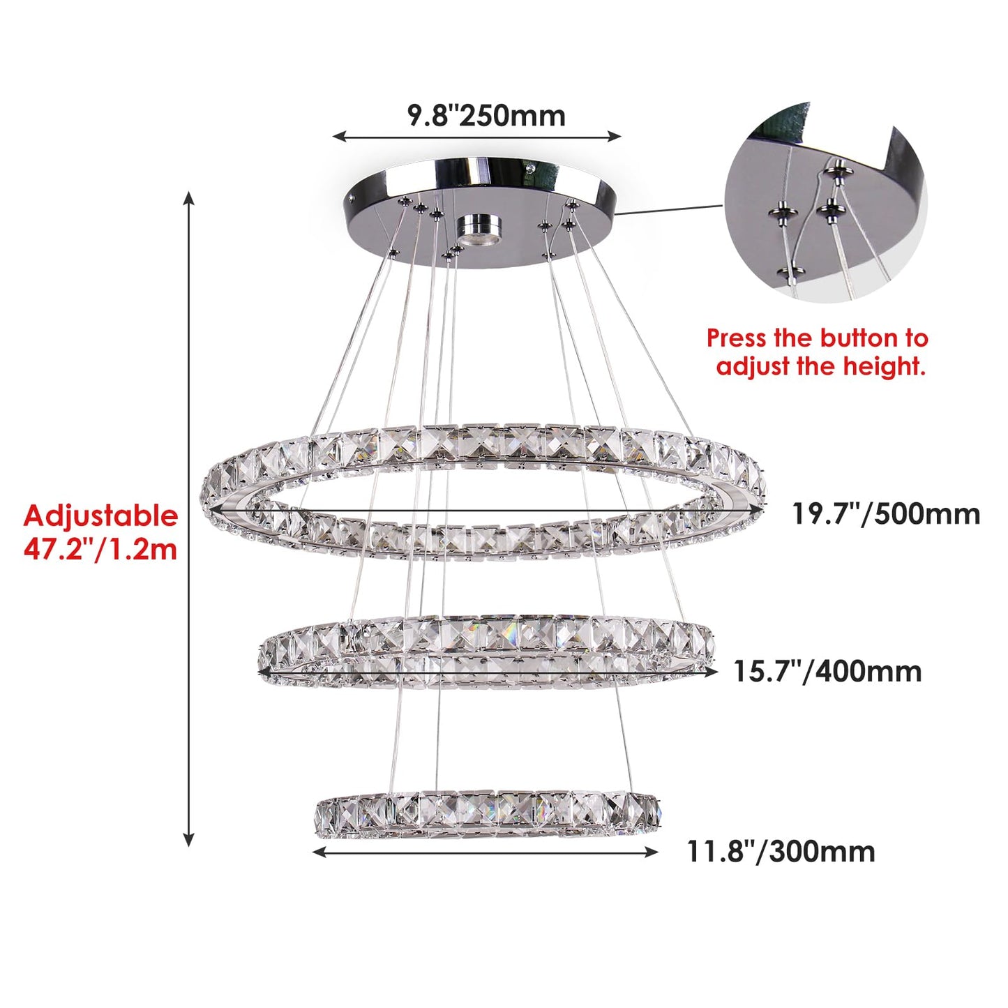 CXGLEAMING Modern Chandelier LED Pendant Light Fixture Dimmable 3 Rings Stainless Steel 250mm Base 209 Crystals