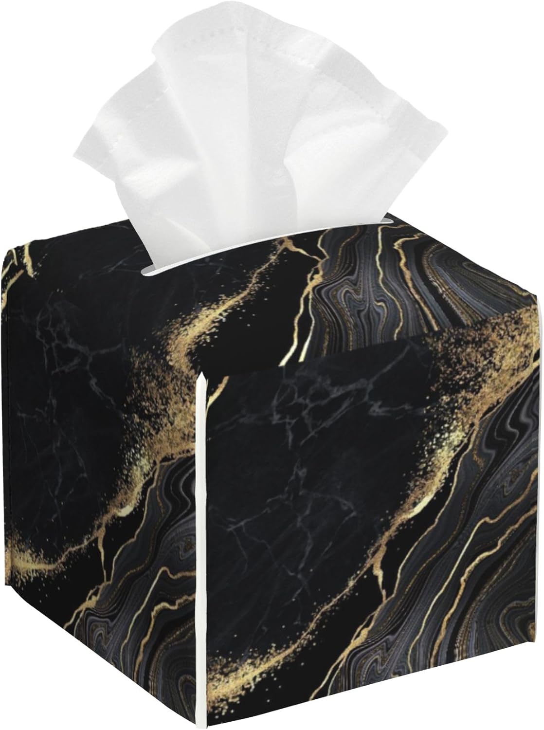 Black Golden Marble Tissue Box Cover Square,Leather Tissue Holder with Bottom Belt,Waterproof Facial Paper Organizer Tissue Box Cover for Home Office Bathroom Vanity Countertop,5.2" x 5.2" x 5.2"