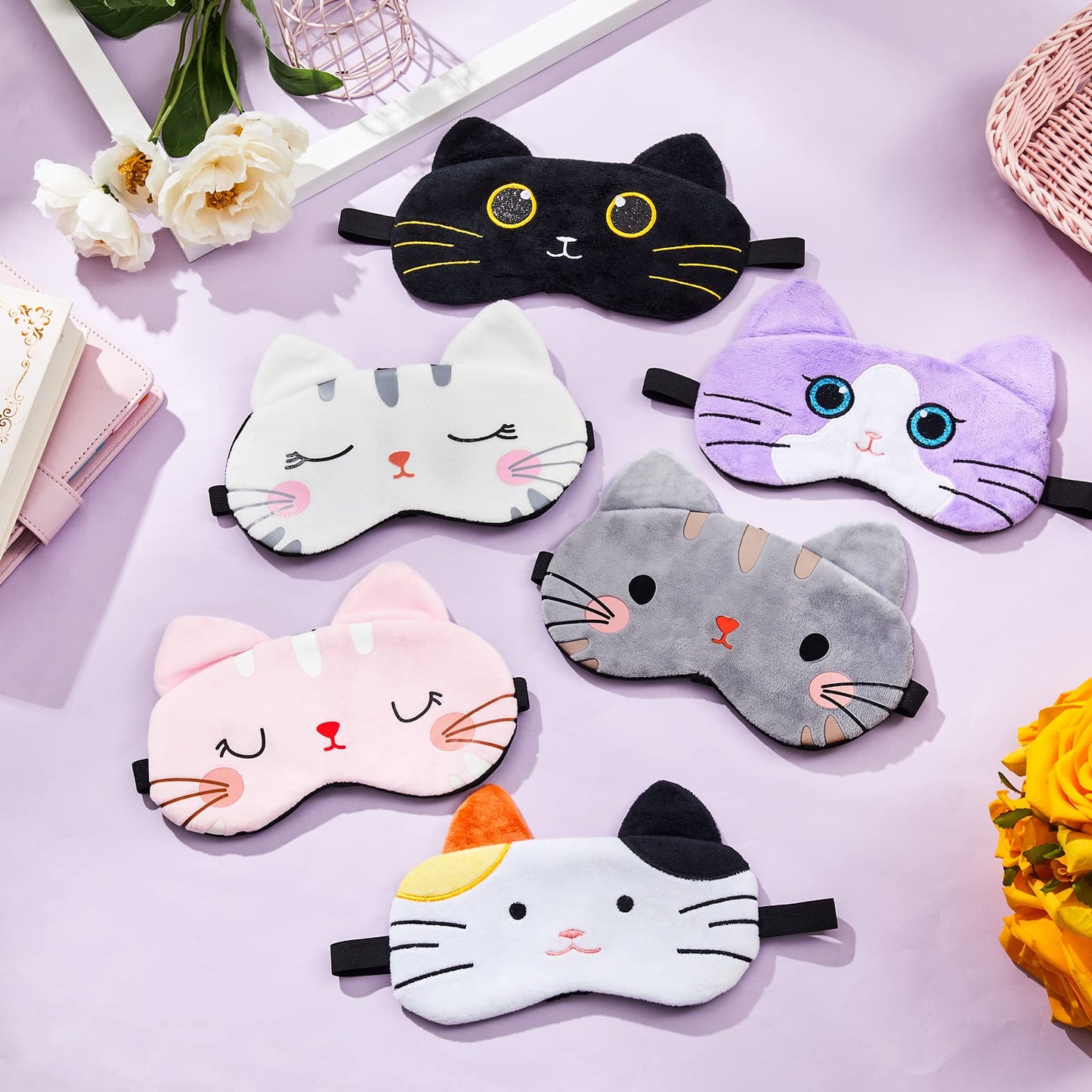 Vicenpal 6 Pcs Kids Sleep Mask Cute Cat Animal Sleeping Eye Cover Soft Lightweight Eyeshade Kawaii Sleeping Mask Funny Cat Blindfolds for Women Girls Teens Kitty Slumber Birthday Party Favors