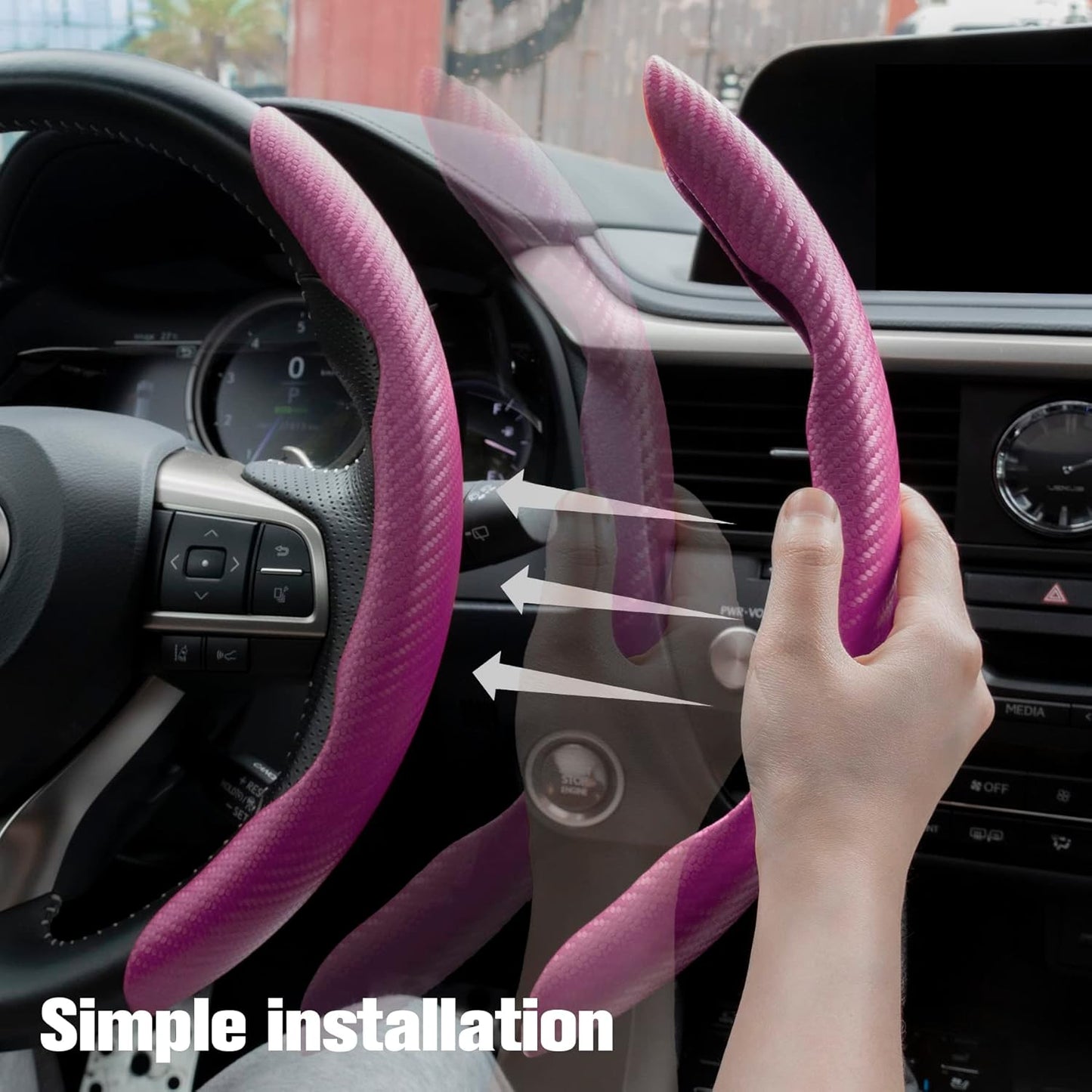 Amiss Carbon Fiber Anti-Skid Steering Wheel Cover, Universal 99% Car Wheel Cover Protector, Pink