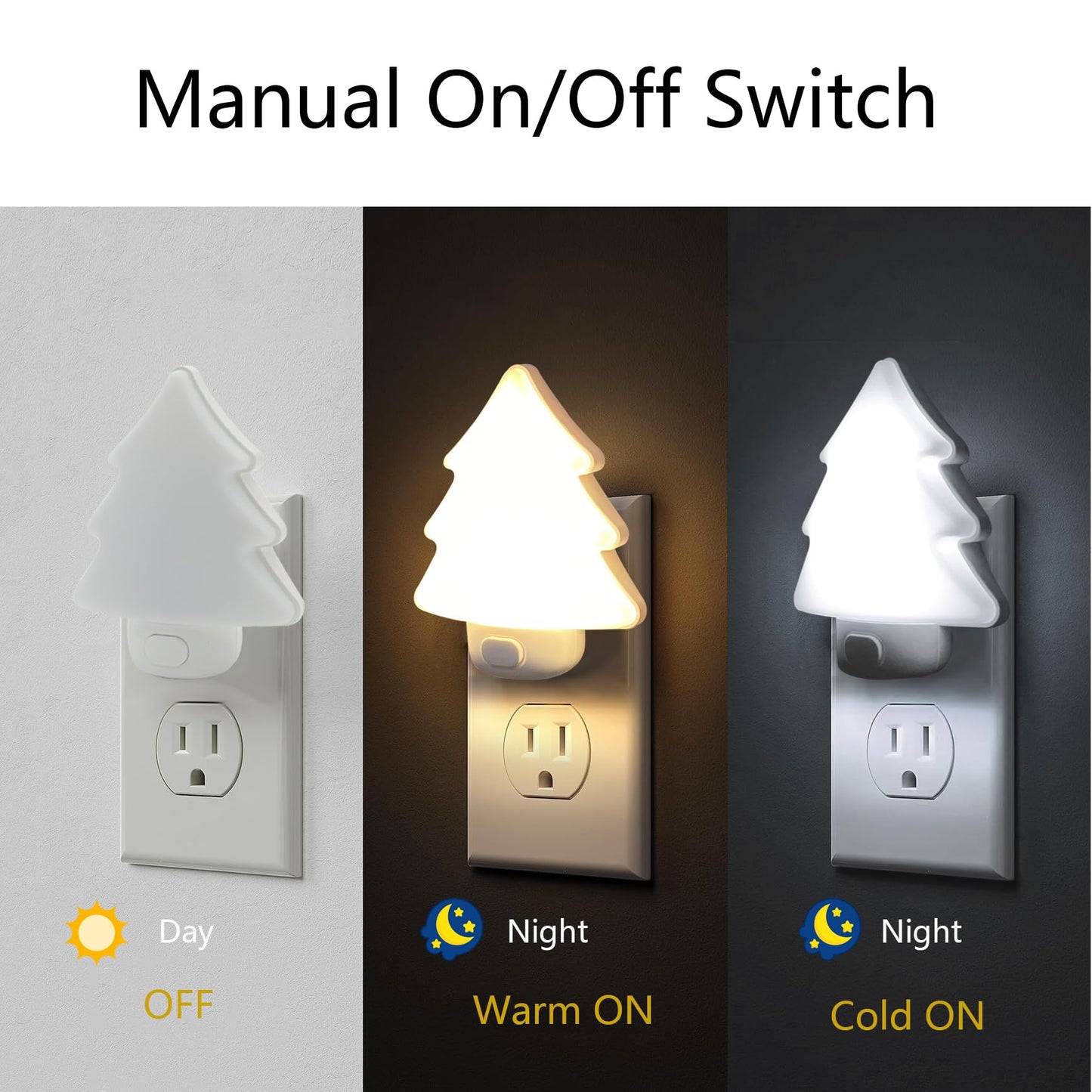 Led Night Light Christmas Tree Lights Plug Into Wall [2 Pack] With Manual On-Off  Dimmable Nightlights Warm/White Wall Art For Home Decor Bathroom Hallway Bedroom Kids Room Apartment  White