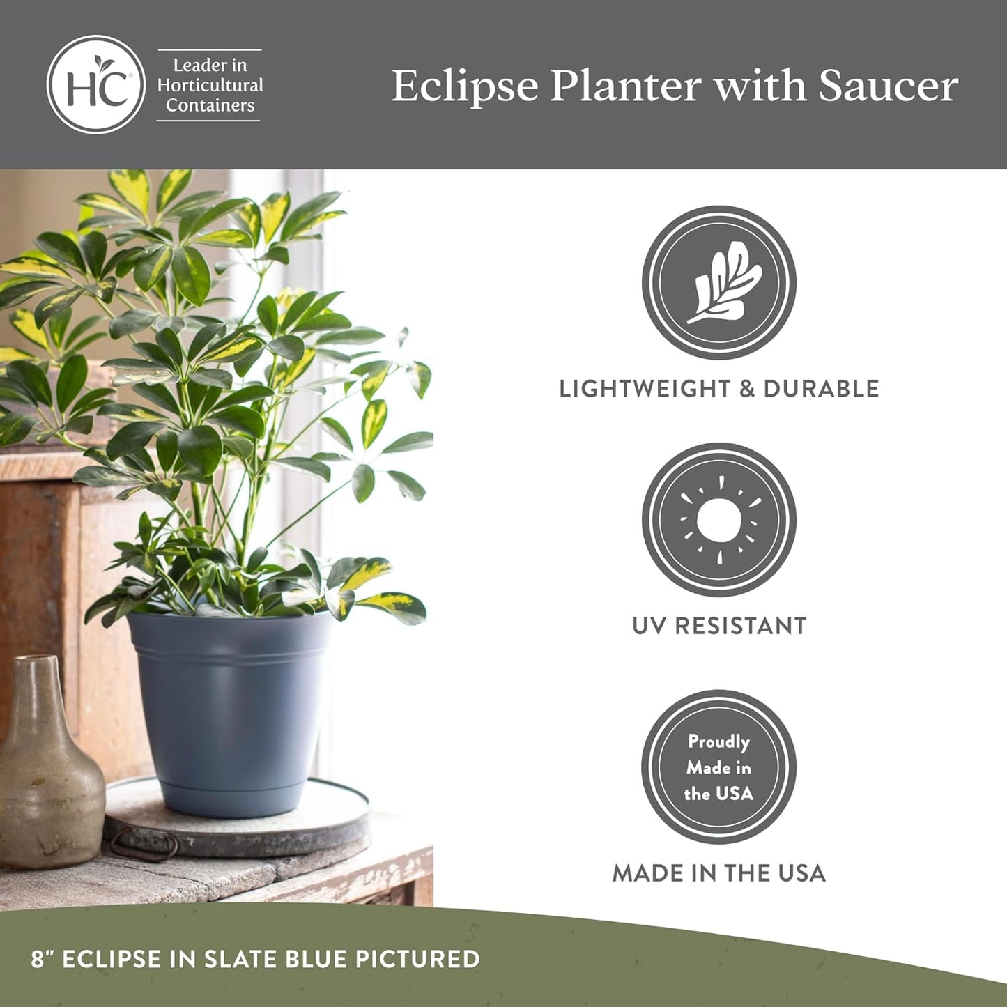 The HC Companies Eclipse Round Planter with Saucer - Outdoor & Indoor Plant Pot with Drainage Holes - Lightweight, UV-Resistant Plastic Pots for Plants, Flowers & Herbs (10" Slate Blue, Pack of 1)