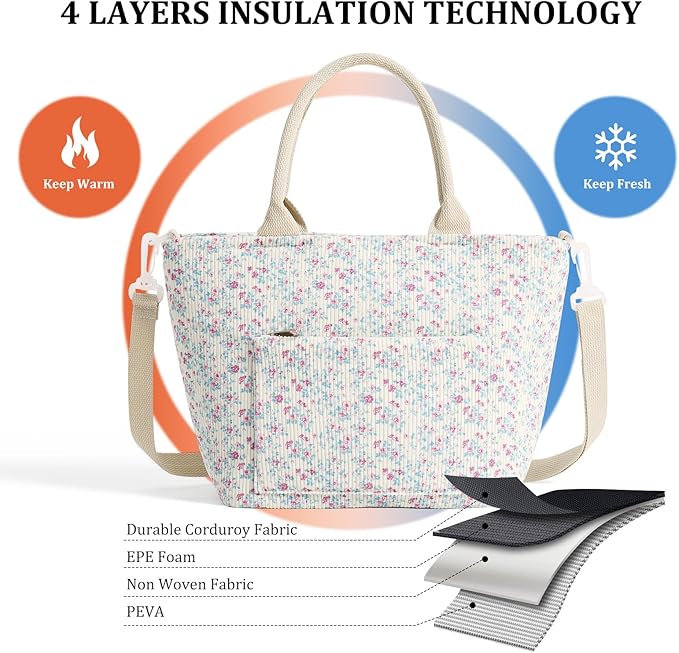 Lunch Bag for Women Adult Large Insulated Lunch Box Girl Cute Corduroy Lunch Tote Bags Reusable Leakproof Cooler Work Picnic