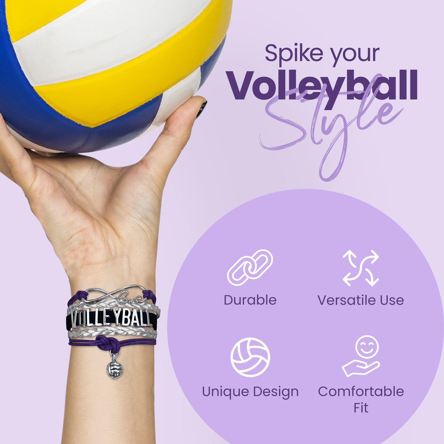 Volleyball Bracelet- Adjustable Charm Bracelet with Moveable Letters, Infinity Symbol & Silver Volleyball Charm by SportyBella (