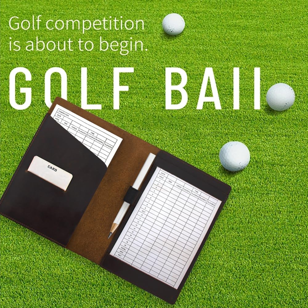 Leather Golf Scorecard Holder: USA Genuine Crazy Horse Leather Golf Yardage Book Cover with 1 Scorecard 1 Pencil Golf Notebook Back Pocket Cool Golf Gifts for Him Golfers Men
