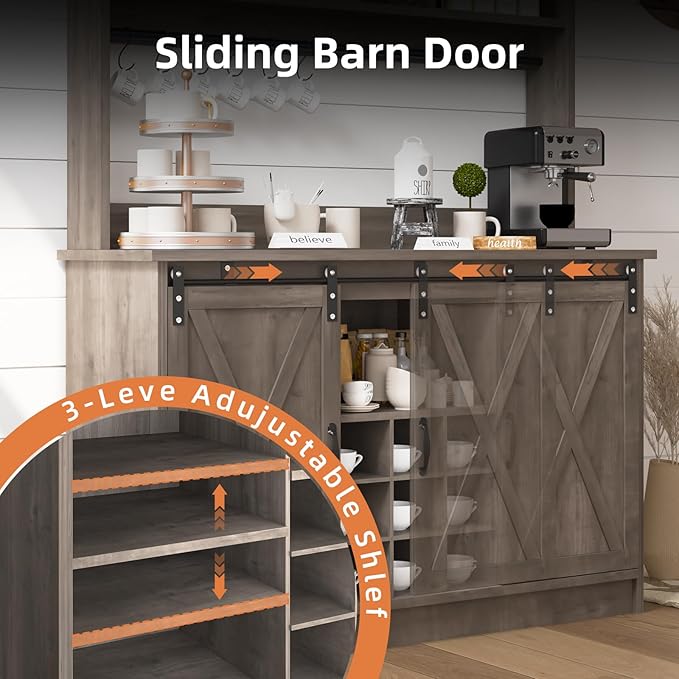 4ever2buy Farmhouse Coffee Bar Cabinet with 3 Storage Hutch, 47”Coffee Bar with Sliding Barn Doors, Hutch Cabinet with 6 Hooks & 9 Wine Racks for Dining Room, Kitchen, Wash Grey