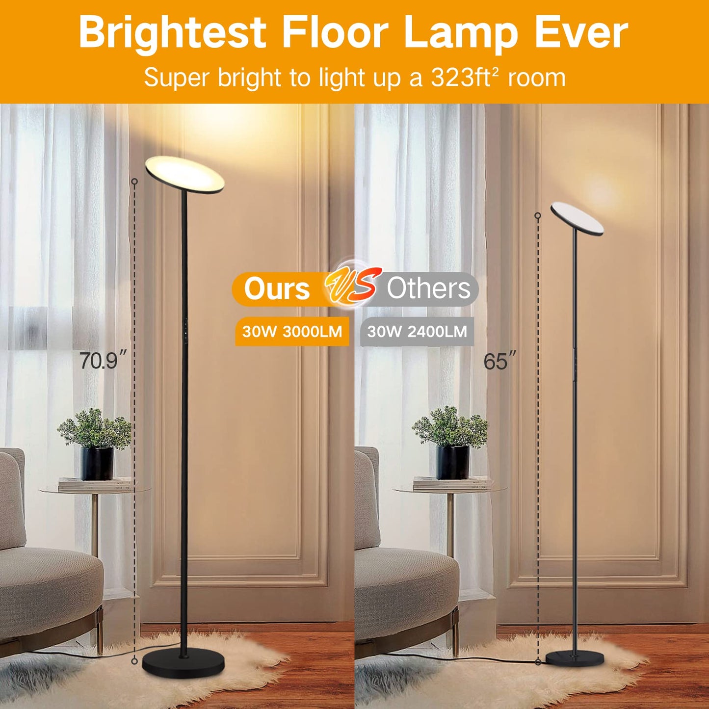 OUTON LED Floor Lamp, 30W/3000LM, Dimmable, 4 Color Temperatures, Remote Control, Black