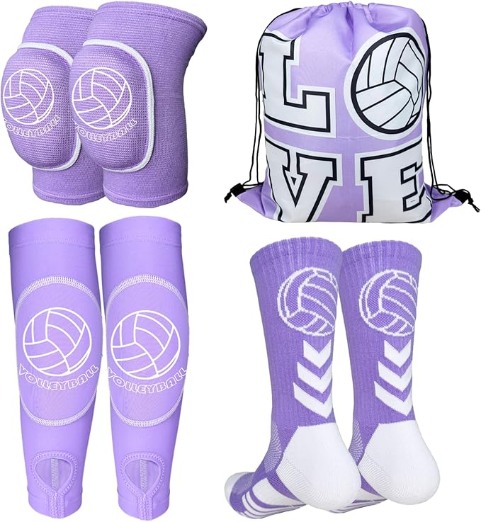 Youth Volleyball Gears - Knee Pads, Arm Sleeves, Socks & Drawstring Bag for Youth, Teen Girls Volley-Ball Training and Games