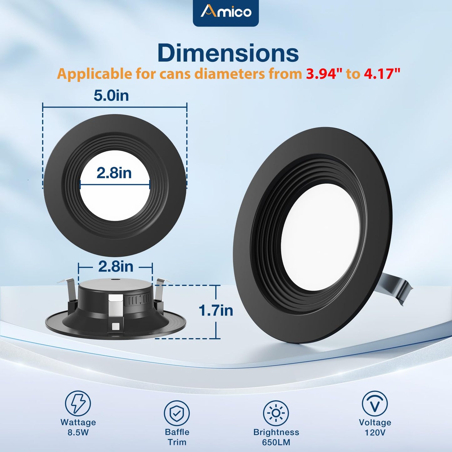 Amico 4 Pack 4 Inch 5Cct Led Recessed Lighting  Dimmable  8.5W=60W  650Lm  2700K/3000K/4000K/5000K/6000K Selectable  Retrofit Can Lights With Baffle Trim  Ic Rated - Etl & Fcc  Black