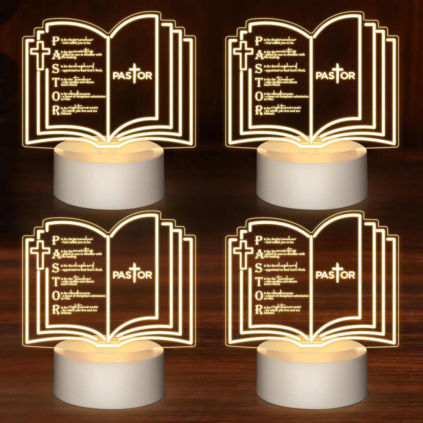 Kosiz 4 Pcs Pastor Appreciation Gift Led Night Light Christmas Christian Gifts Engraved Thank Clergy Sayings Acrylic Lamp With Base Religious Decor Men Women Clergy Staff Retirement (Stylish Pastor)
