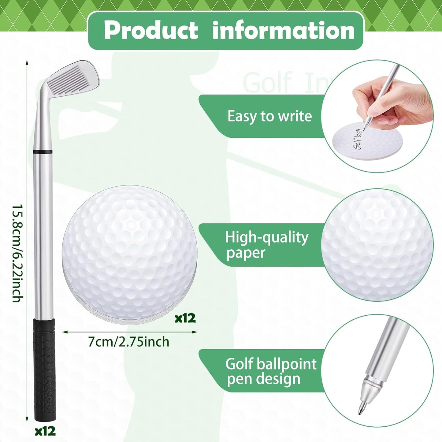 Estune 12 Pcs Ballpoint Pens and 12 Pads Sticky Notes Cool Party Favors Mini Decorative Pens Funny Sports Club Props Black Gel Ink for Office Coworkers (Golf Style, Silver, Black)