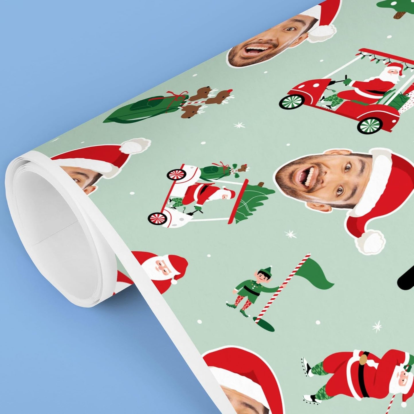 Big Dot of Happiness Custom Photo Golfing Santa Wrapping Paper, Personalized Golf Christmas Holiday Gift Wrap Roll, Funny Santa Hat Fun Face Christmas Gift Paper, 24 in x 7 feet, 1 Roll