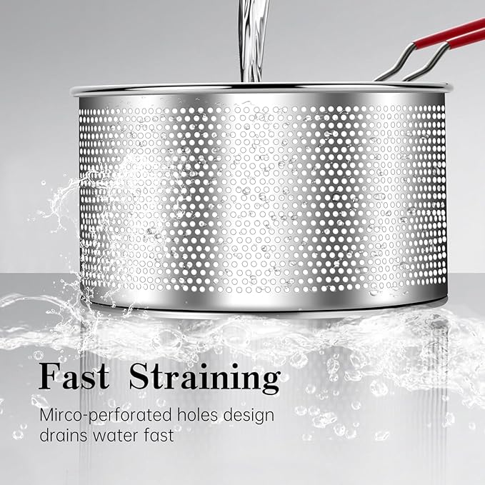 Stainless Steel Colander, Micro-Perforated Metal Pasta Strainer with Hook & Removable Handle, Colander Strainer Sieve for Kitchen French Fries Vegetable/Rice/Fruit/Food - 20cm/7.87in