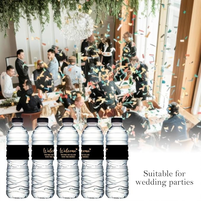 100PCS Wedding Water Bottle Labels Waterproof Greenery Floral Wraps Sticker for Water Bottle Baby Shower Bottle Label for Bridal Shower Party Welcome（Black）