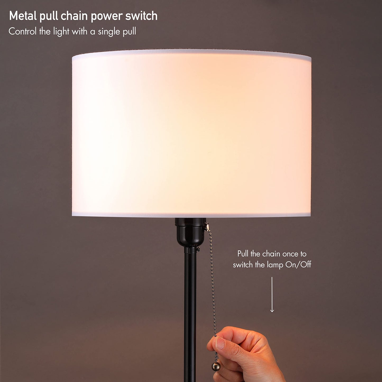 OBright Drum Shade Standing Lamp, Pull Chain Switch, Metal, Black, Model OB-FL19S