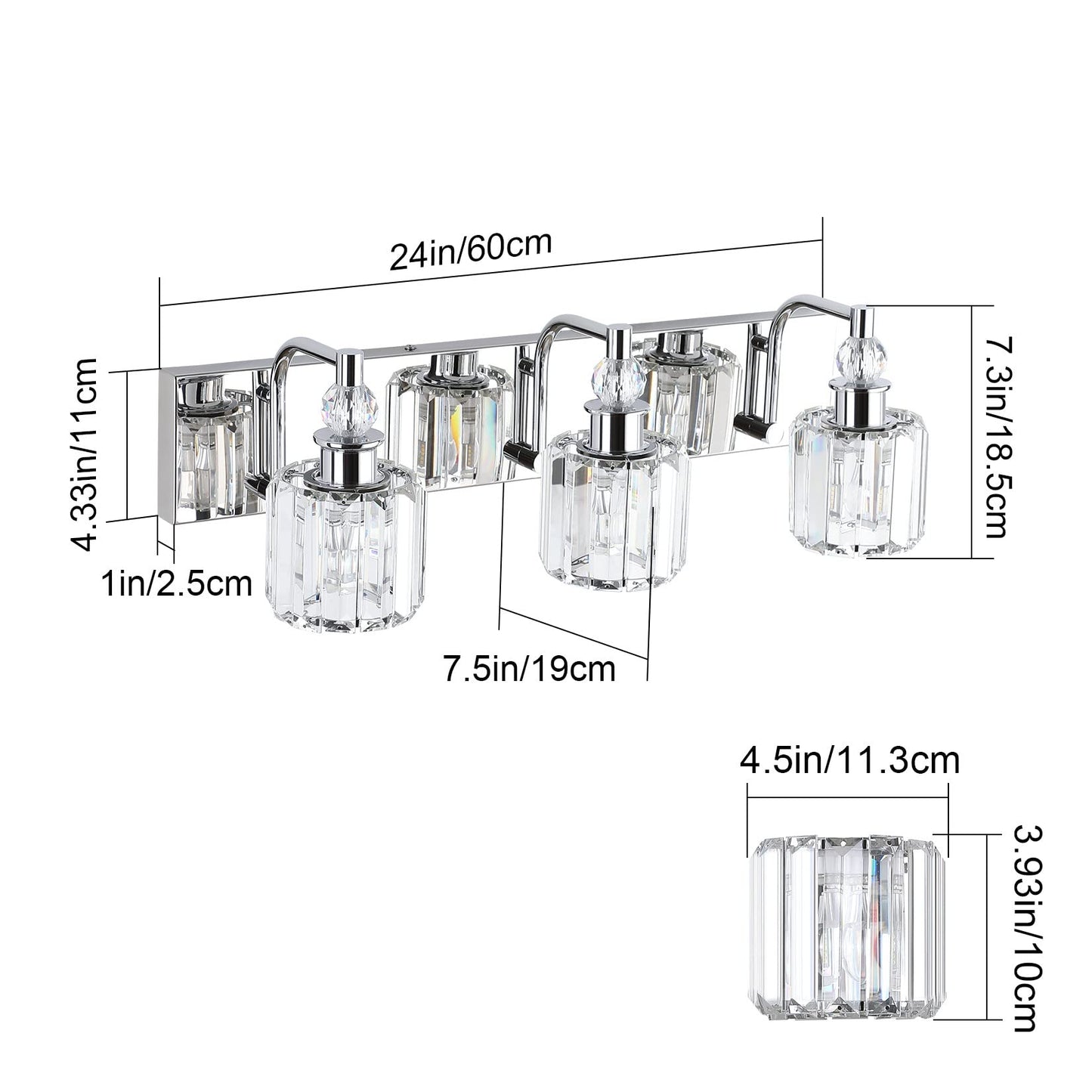 Ralbay 3-Light Crystal Vanity Light Fixtures, 24 Chrome Stainless Steel, Model 8605 For Modern Bathroom Wall Lighting
