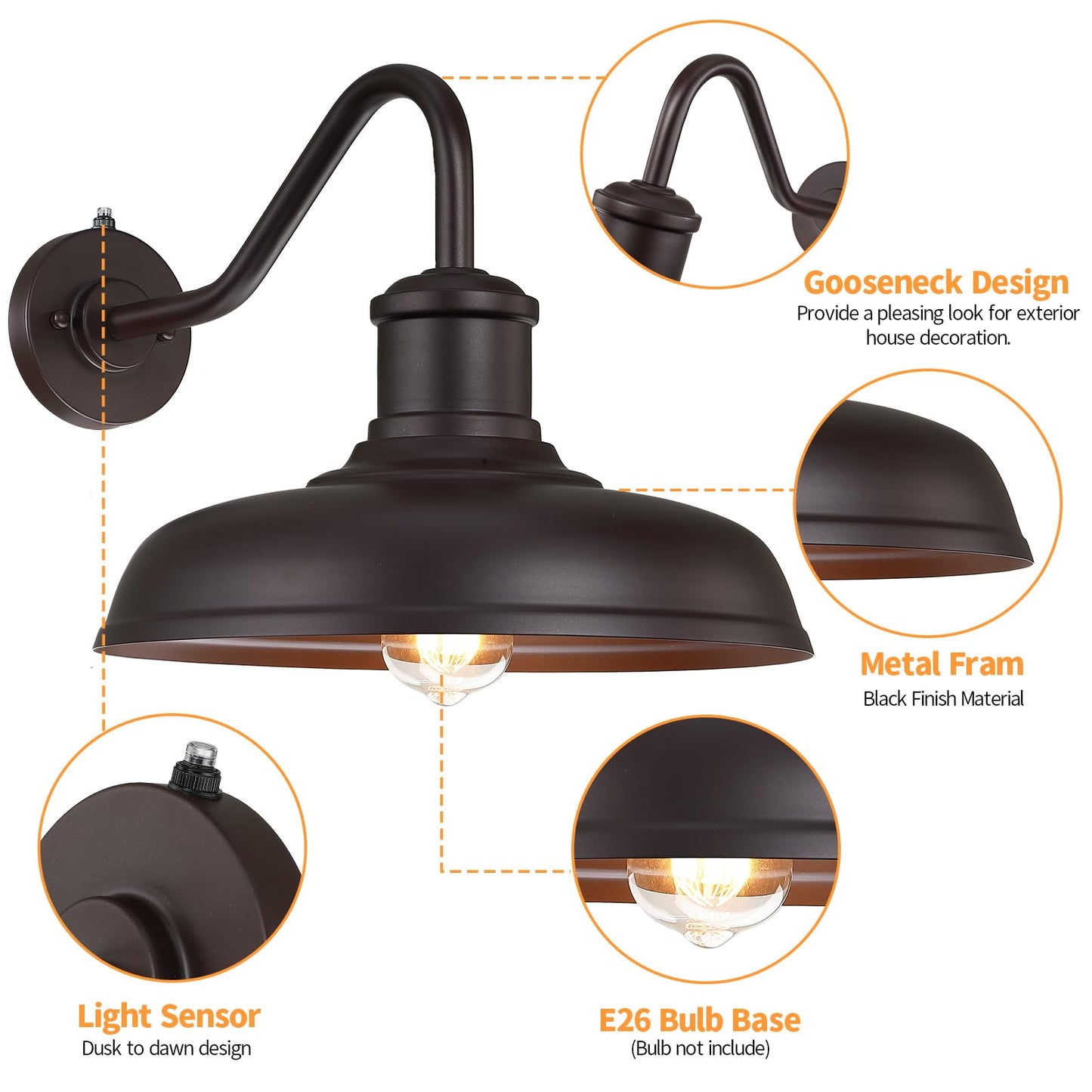 Myhxq 13.8 Large Dusk To Dawn Outdoor Gooseneck Barn Light  2-Pack Outdoor Wall Sconce Farmhouse Exterior Light Wall Lighting Fixture Industrial Lantern For Porch  Entryway  Garage  Brown