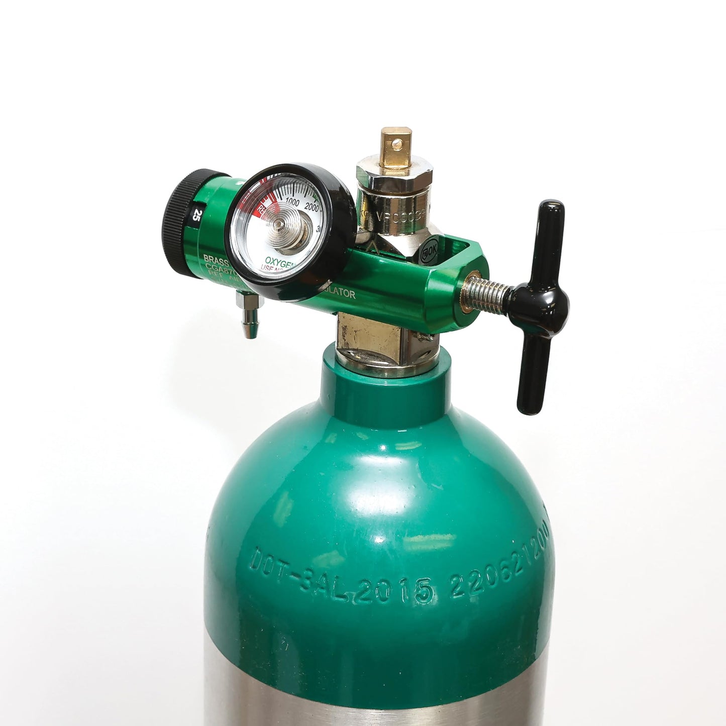 AireMed Oxygen Regulator 0-25LPM, CGA-870 Gauge Flow Rate – Includes Wrench Key, 5 Brass Yoke Washer Seals, and 2 Oxygen Tubing Swivel Connectors - Ergonomic Handle Design - Green