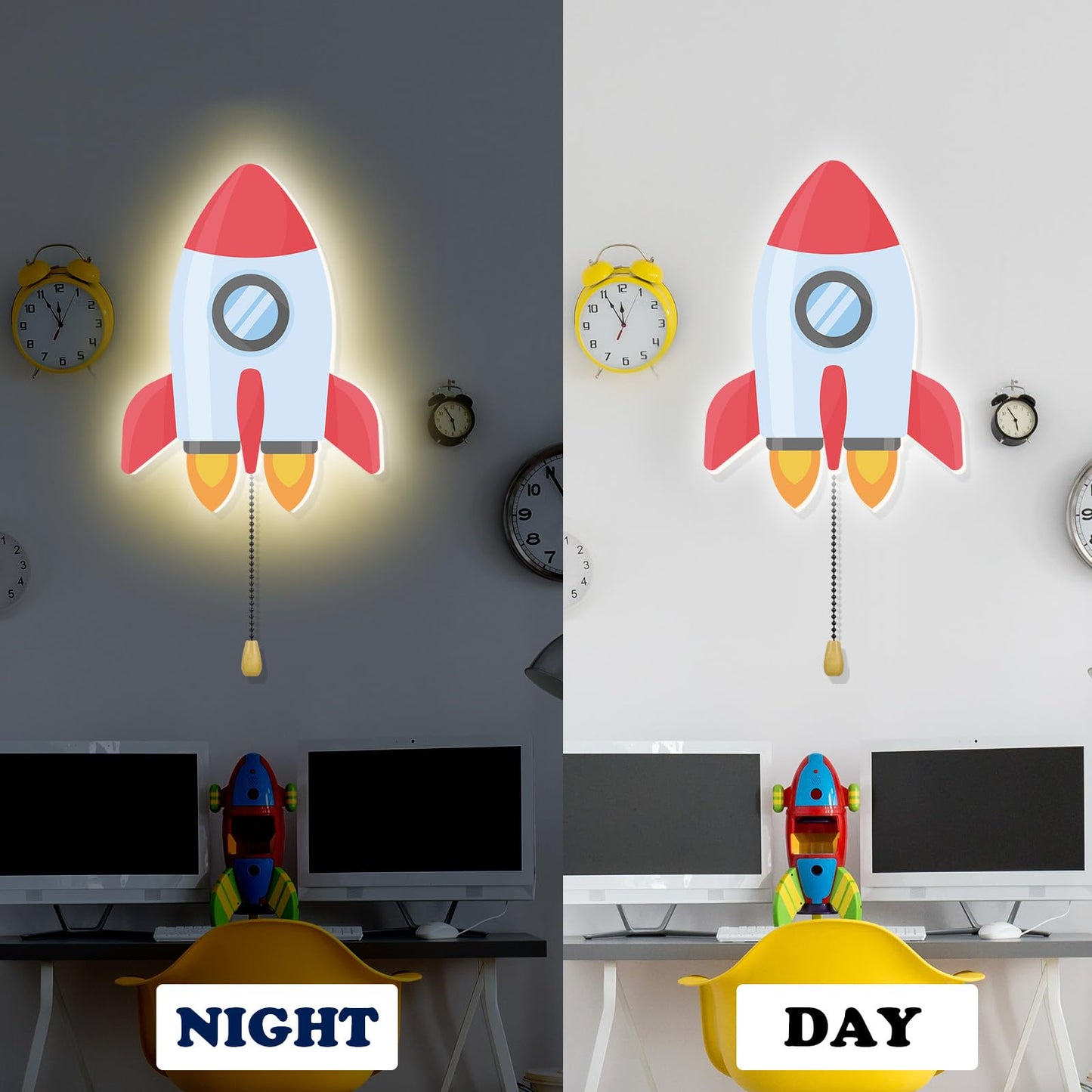 Aurelema Space Rocket Night Light Wall Lamp Sleeping Nursery Lighting Cute Floating Battery Operated Hanging Lamp For Baby Boys Girls Bedroom Room Nursery Wall Decorations