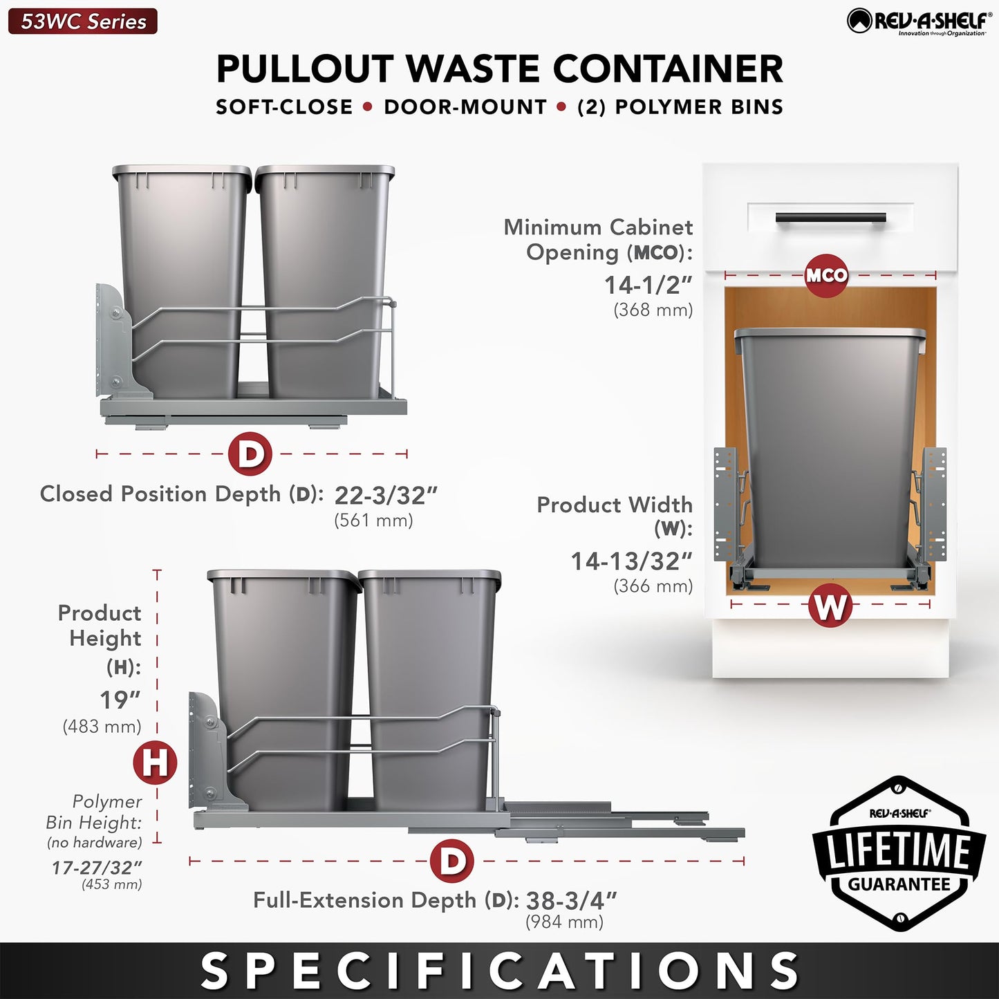 Rev-A-Shelf Double Pullout for Under Kitchen Cabinets 35 Quart 8.75 Gallon with Soft-Close Slides, Metallic Silver, 53WC-1835SCDM-217