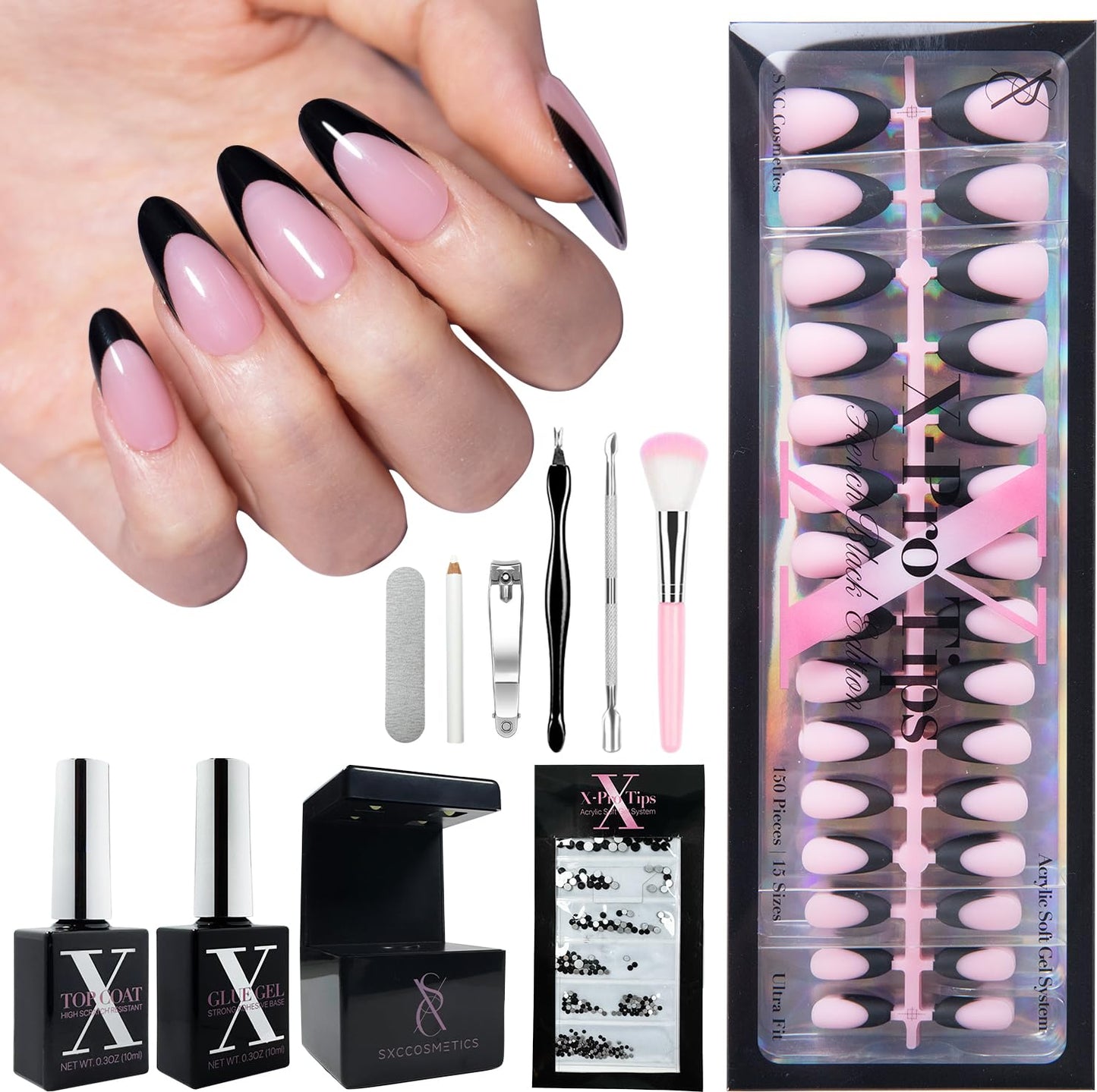 SXC Cosmetics French Tip Press On Nails - Black Series, Medium Almond, X-Pro Tips Starter Kit | 150PCS, 15 Sizes, 5 Styles, Begi