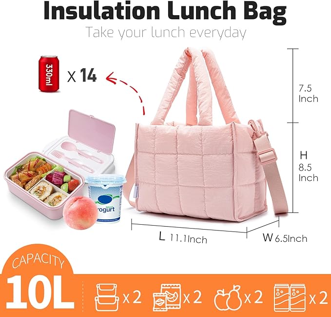 NOL Natural Organic Lifestyle Women's Nylon Lunch Cooler Quilted Tote Bag Puffy Insulated Lunch Bag for Women, Lightweight Waterproof Lunch Box for Work, Picnic, Outdoors,Pink