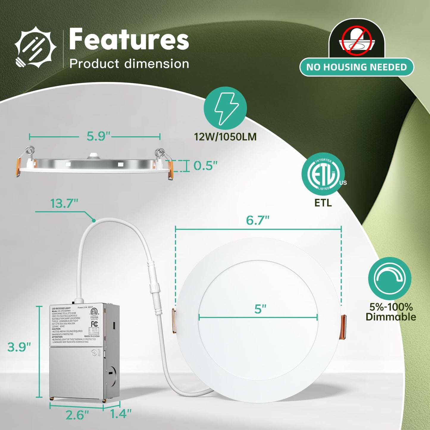 FREELICHT 24 Pack 6 Inch 5CCT Ultra-Thin LED Recessed Ceiling Light with Junction Box, 2700K/3000K/3500K/4000K/5000K Selectable, 1050LM Brightness, Dimmable Canless Wafer Downlight, 12WEqv110W-ETL&FCC