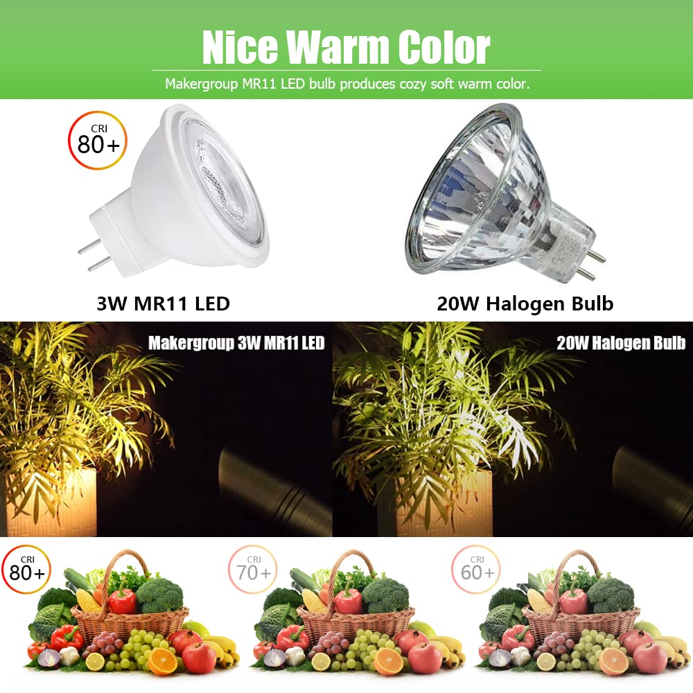 Makergroup MR11 Bi-pin LED Light Bulb 3W 12VAC/DC Warm White 2700K-3000K 6 Count