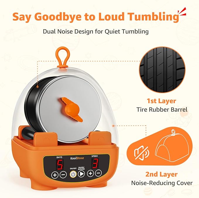 C5 Rock Tumbler for Kids - Dual Noise-Reduction for Quiet Tumbling, Adjustable Timer & Speed with Full Accessories & Memory Function, Complete Rock Polishing Kit for Starter - Great STEM Science Gift
