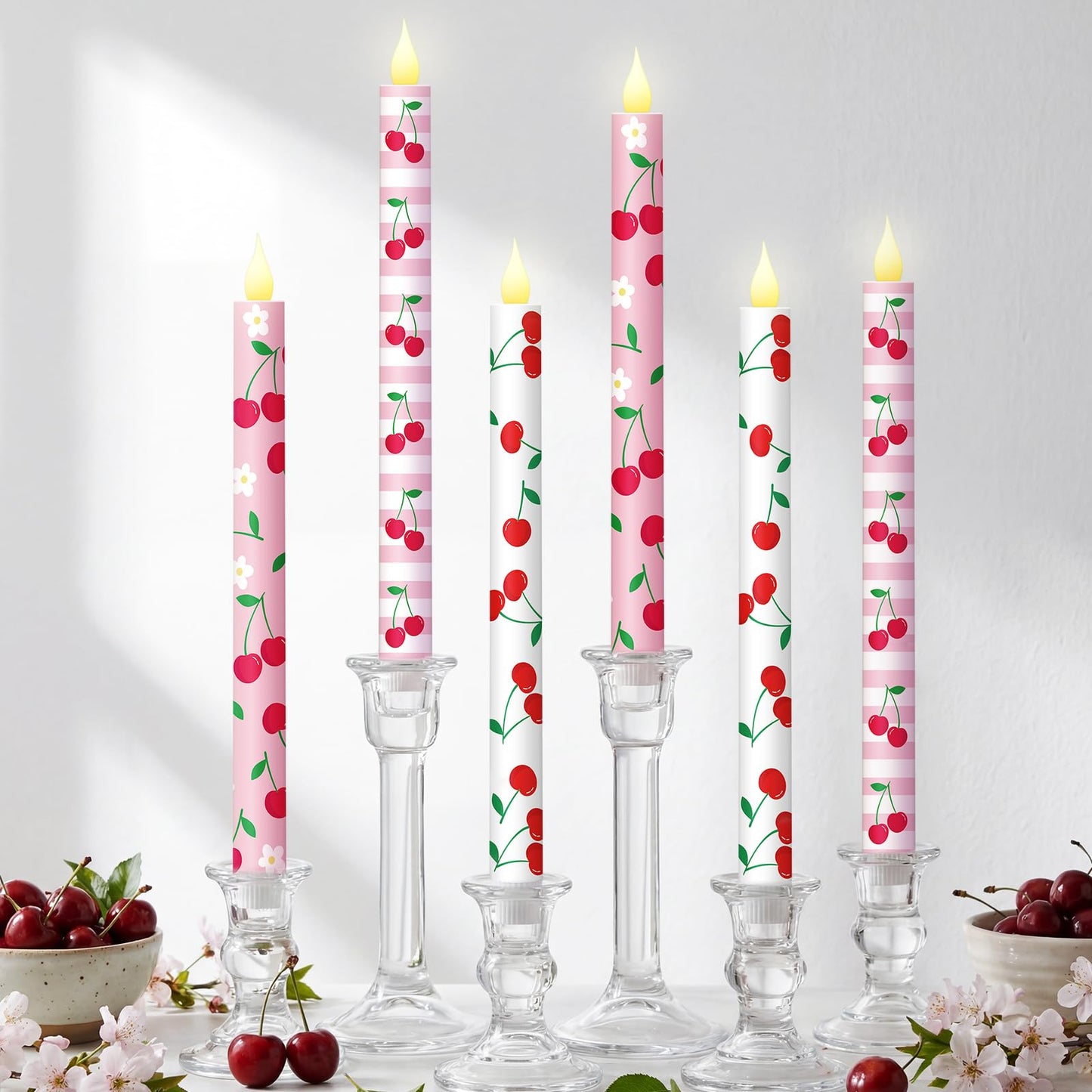 Honoson 6 Pcs Galentines Day Decorations Candles Cherry Flameless Taper Candles 10.6 Inch Battery Operated LED Candlesticks for Ladies Women Friend Sister Galentines Day Party Favors Gifts Home Decor