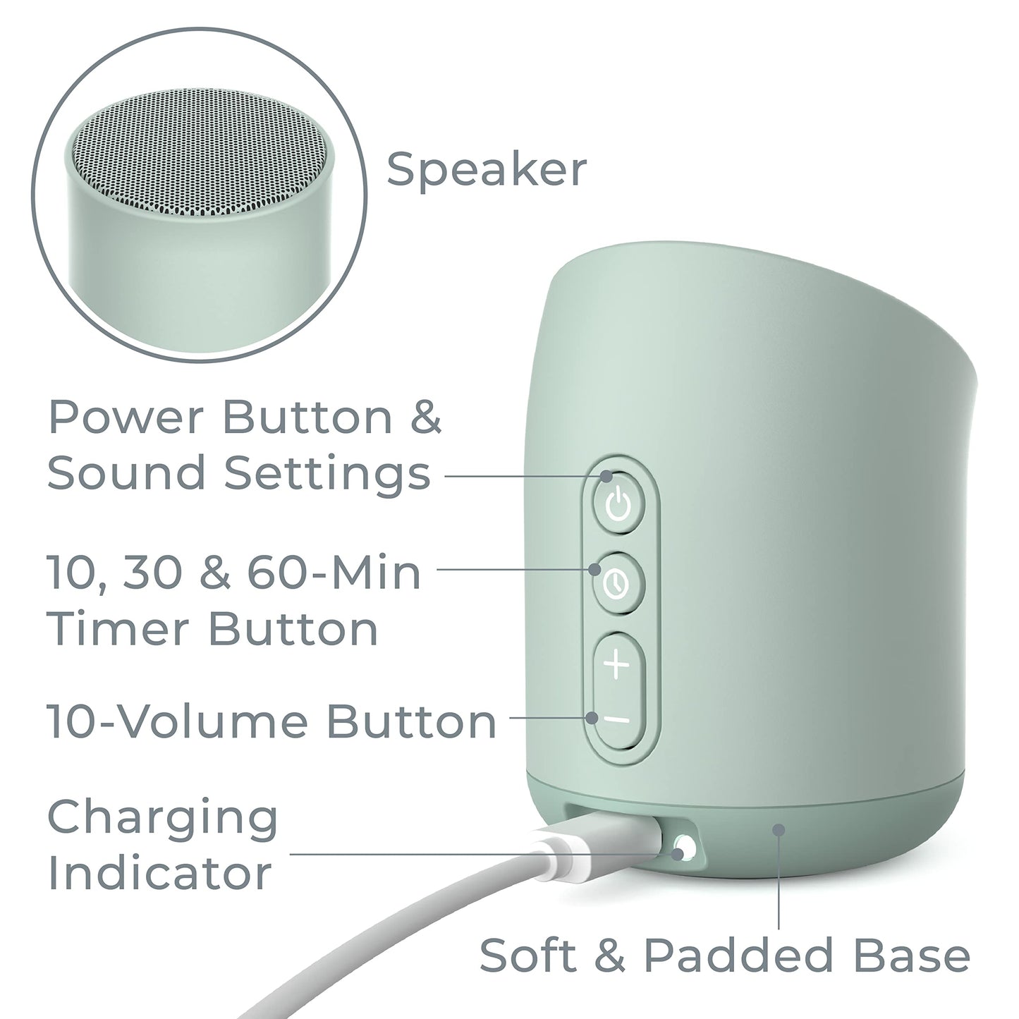 Pure Enrichment Wave Mini Zen Soothing Sound Machine - Portable Sound Machine for Yoga Studios, Travel & Sleep - 6 Relaxing Sounds, Optional Timer & Rechargeable Lithium Battery (Tranquil Green)