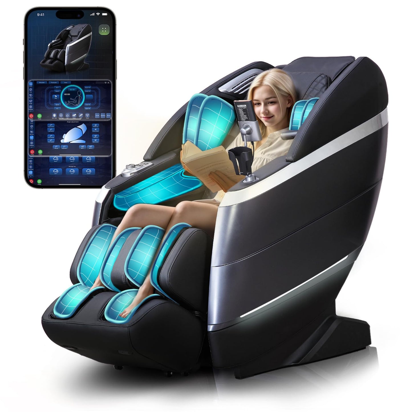 RelaxRelife 4D Full Body Massage Chair with Flexible 166 Track, Reading Light, 18 Massage Modes, 11 Techniques, 36 Airbags, Zero