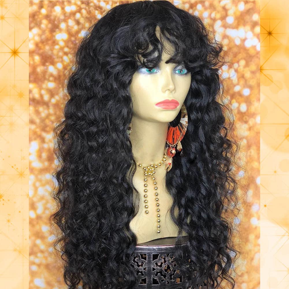 Curly Wig With Bangs Human Hair Brazilian Virgin Hair Wigs 180 Density Full Machine Made O Scalp Top Bang Wig Glueless Deep Wave