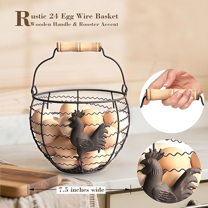 Wire Egg Basket for Gathering Fresh Eggs Collecting Basket With Handle,Rusty Chicken Decorated Small Chicken Egg Basket Vintage Style Eggs Holder Basket Countertop for Farmhouse Kitchen Decor