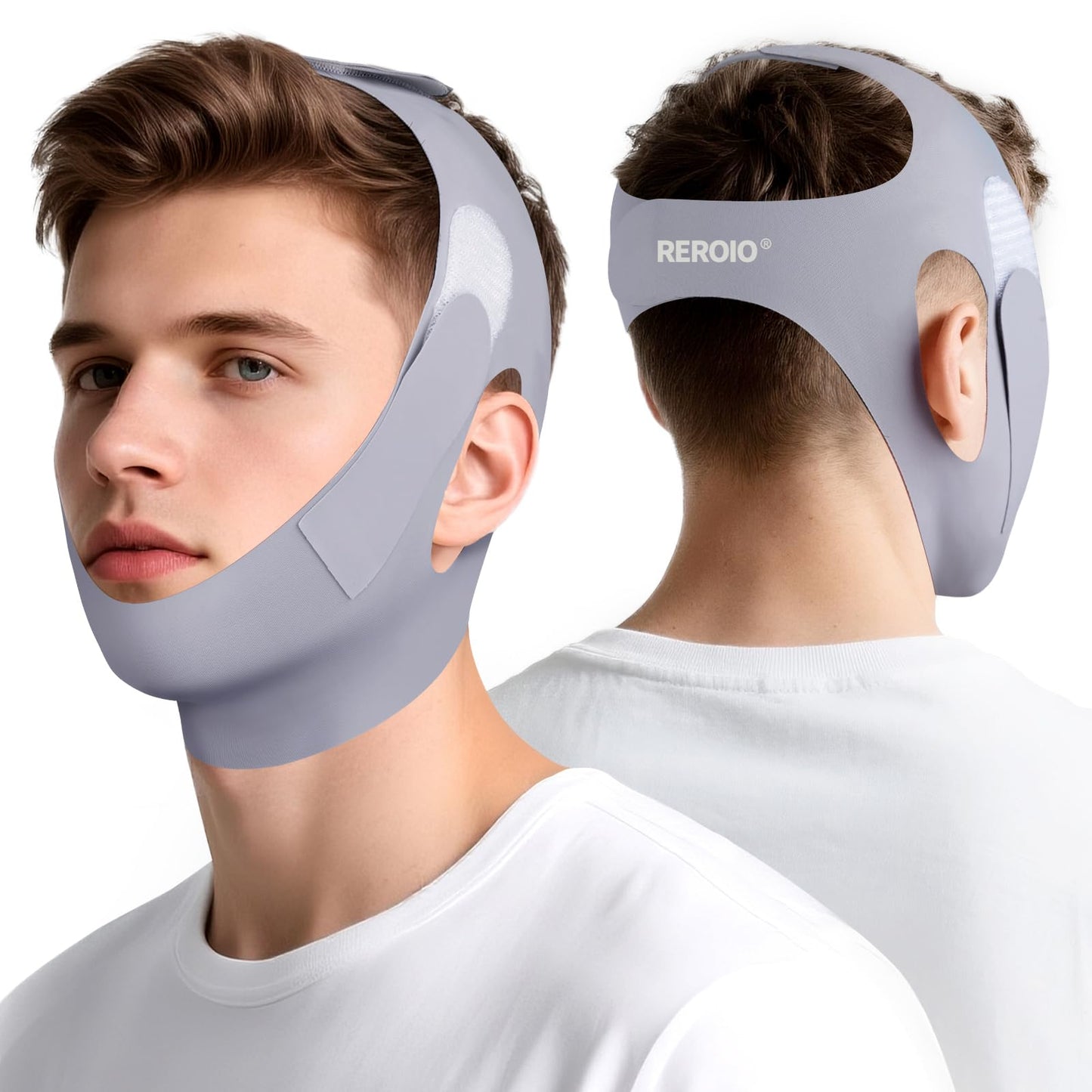 REROIO Chin Strap for Sleeping with 4-Side Adjustment, Anti Snoring Chin Strap Elasticity, Anti Snoring Devices Breathable and Durable, Comfortable Snore Stopper for Adults, Gray, M