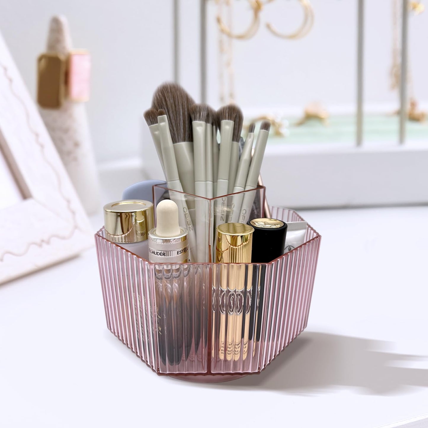 LiteTour Crystal Pink 360 Rotating Makeup Brush Organizer, Multi-Compartment Storage for Skincare, Cosmetic Tools, Vanity, Desk,